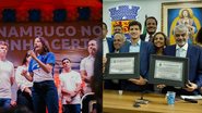 Raquel Lyra discursa em palanque ao lado de Miguel Coelho, Lupércio, Daniel Coelho e Mirella Almeida. Foto 2 João Campos e Humberto Costa sorriem segurando quadros de cidadão. Sorriem Eugênia e outras pessoas. Ao fundo logo da Câmara de Olinda