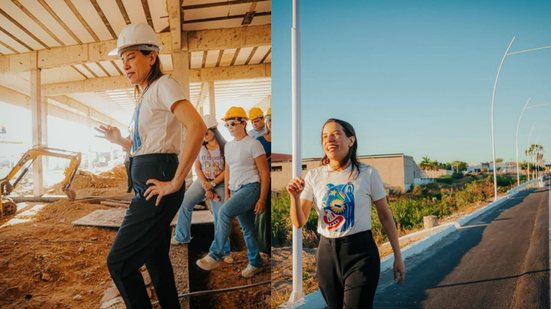 Raquel Lyra em cima de parte de construção. ela usa capacete de construção. Foto 2 ela anda em estrada