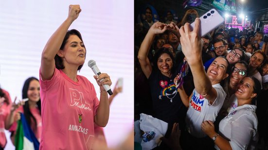 Governadora participou de evento com bolsonaristas nesta semana
					
					
					Michelle Bolsonaro: Partido Liberal / Raquel Lyra: Miva Filho