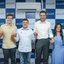 Com mãos unidas estão em frente ao painel do união progressistas Lula da Fonte, Miguel Coelho, Eduardo da Fonte, Carlos Andrade Lima, Irmã Jane e Fernando Filho