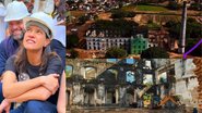 Montagem de 3 fotos. Raquel Lyra olha para cima com os braços no joelho, ela usa capacete de obra. Foto de cima da Fábrica Tacaruna. Área interna com estrutura antiga