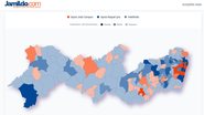 Mapa de Pernambuco com as cores laranja e azul em cada cidade