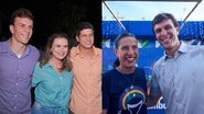 2 FOTOS. Miguel Coelho, Marília Arraes e João Campos com roupas xadrez sorriem abraçados. Foto 2 Raquel Lyra e Miguel Coelho molhados sorriem abraçados