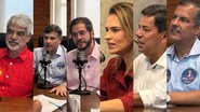 Montagem de fotos, todos em frente a microfone em mesa do Podjá: Humberto Costa, Eduardo da Fonte, Túlio Gadelha, Marília Arraes, Mendonça Filho e Carlos Sant'anna