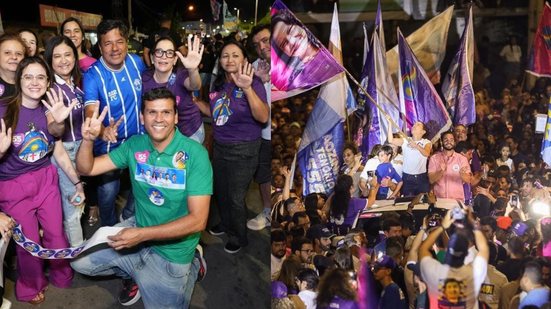 Montagem de duas fotos. Mendonça Filho ao lado de pessoas com camisetas roxas que fazem 5 e 5 com as mãos e um homem de camisa verde faz o 2. Ao lado Raquel Lyra em cima de trio elétrico segura bandeira  ao lado de Túlio Gadelha ao redor de multidão