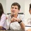 Montagem de 3 fotos, todos em frente ao mesmo microfone. Raquel Lyra, João Campos e Ivan Moraes