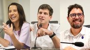 Montagem de 3 fotos, todos em frente ao mesmo microfone. Raquel Lyra, João Campos e Ivan Moraes