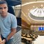 Montagem com duas fotos, uma do deputado eleito Emerson Freitas, vestido com camisa cinza e sentado num carro que parece camburão policial, e na outra foto o plenário da Alepe