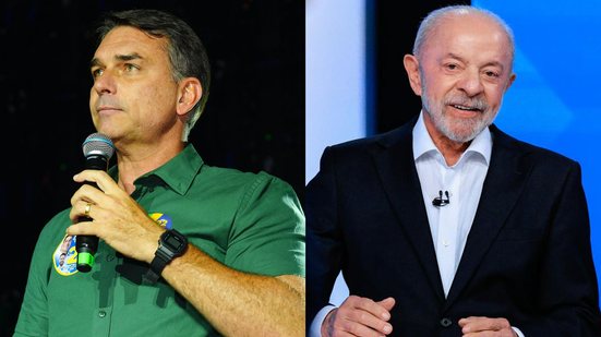 Montagem mostra fotos do presidente Lula e do senador Flávio Bolsonaro