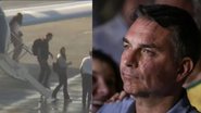 Duas fotos: flávio desembarcando do aeroporto; e Flávio sério em ato político