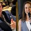 Montagem de Flávio Bolsonaro, fazendo sinal positivo com o dedo polegar, e Raquel no microfone, lado a lado