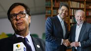 Gilson Machado Neto fala ao microfone; Jorge Messias aperta mão de Lula