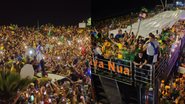 Montagem de 2 fotos de multidão. Nikolas fala no meio da multidão