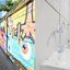 Imagem mostra recorte de duas fotos, uma na área externa da Vila do Papel, e outra com um banheiro reformado, com detalhes de cerâmicas brancas, pia, torneira e chuveiro na mesma cor.