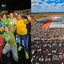 Montagem com duas fotos, à esquerda com representantes do PL e do Bolsonarismo em Pernambuco, e à direita com foto área de Santa Cruz