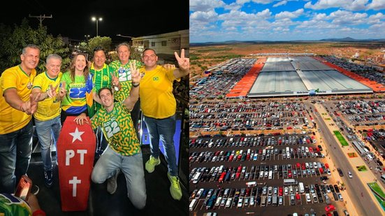Montagem com duas fotos, à esquerda com representantes do PL e do Bolsonarismo em Pernambuco, e à direita com foto área de Santa Cruz
