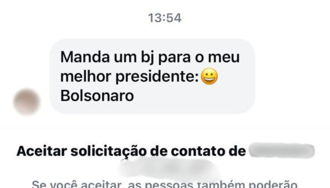 Captura de tela da caixa de mensagem, onde uma pessoa escreve: "manda um bj [beijos] para o meu melhor presidente: Bolsonaro"