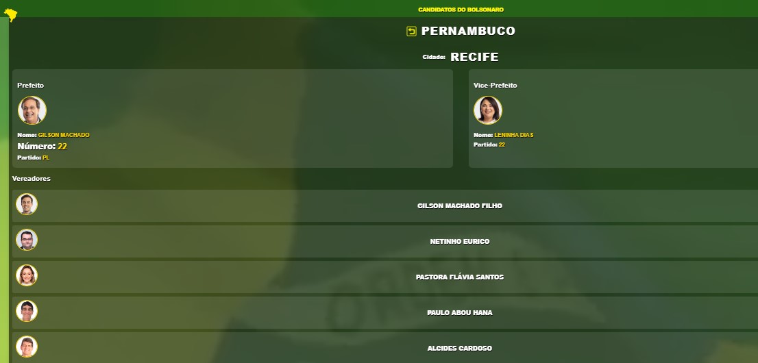 Site escrito "candidatos do Bolsonaro. Recife, Pernambuco". Embaixo há a foto de Gilson Machado e Leninha Dias. Embaixo aparece o nome de diversos candidatos já citados no texto