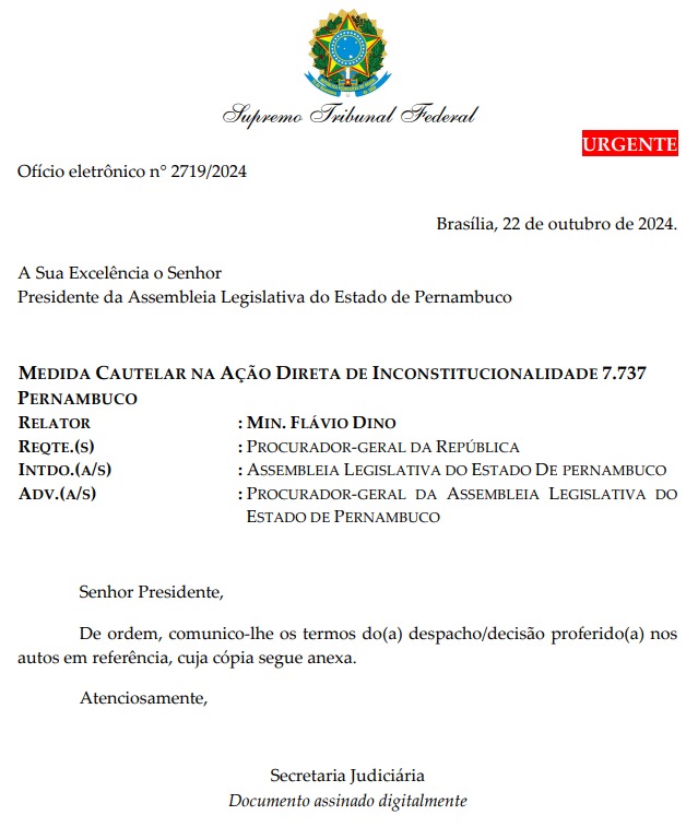 Captura de tela de um ofício eletrônico do STF, vem de 22 de outubro de 2024 e tem o símbolo de urgente. O documento foi relatado por Flávio Dino