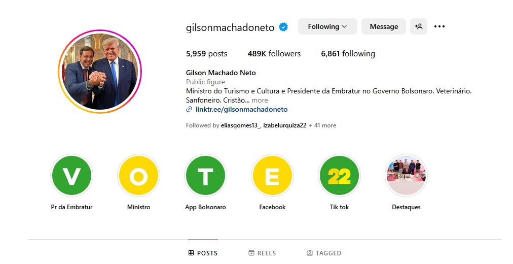 Página de Gilson Machado Neto no Instagram, a foto de perfil é Gilson com Trump