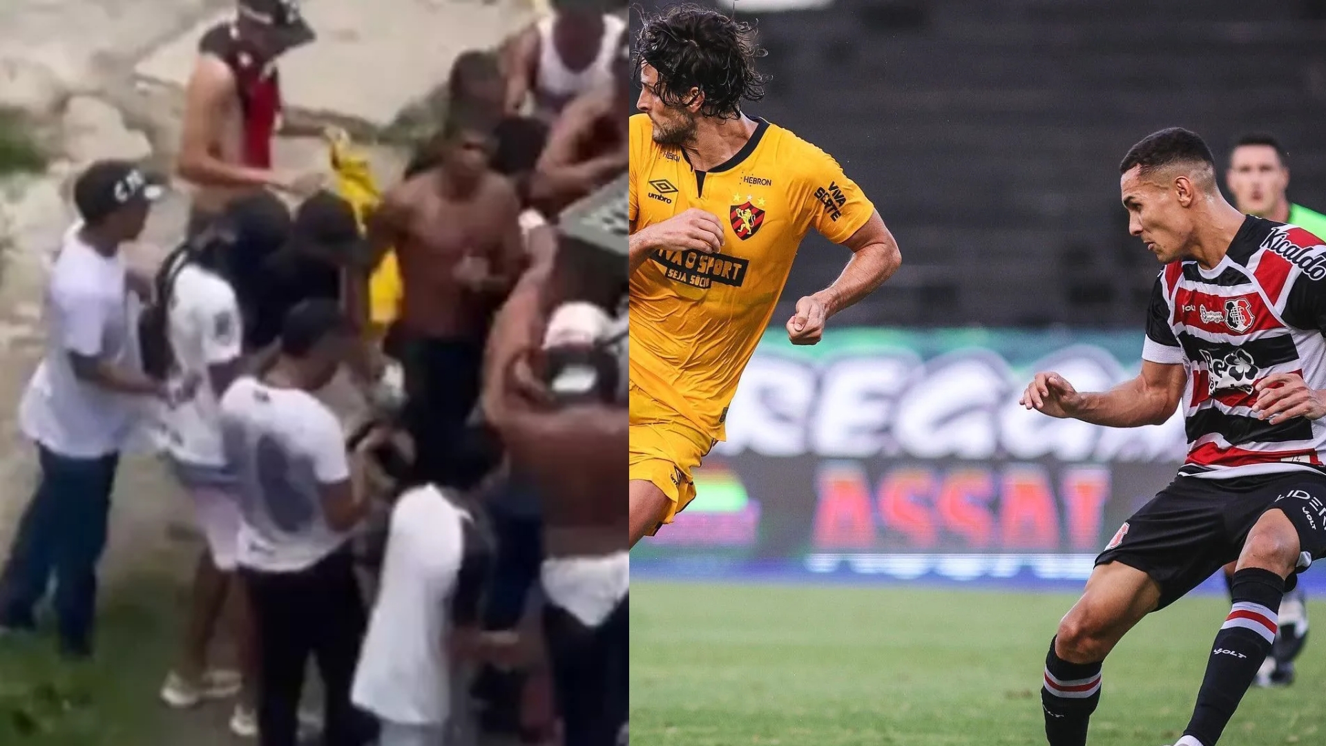 Montagem de duas fotos, diversas pessoas brigando na rua, à direita um jogador com a camisa do sport pula para pegar a bola ao lado de um jogador da camisa do santa cruz