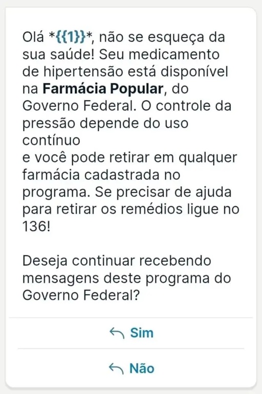 Mensagem de Whatsapp do governo federal