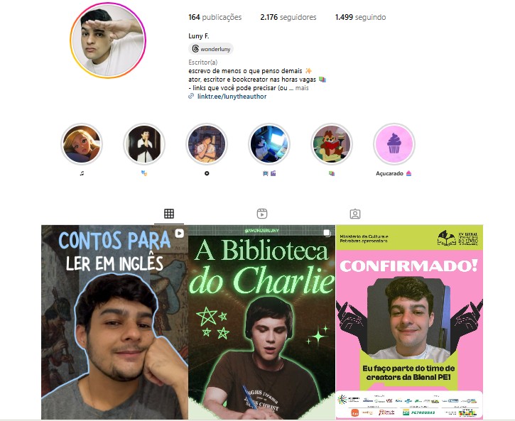 Perfil do Instagram de Luny, sua bio está escrito "escrevo de menos o que penso demais, ator escritor e bookcreator nas horas vagas)