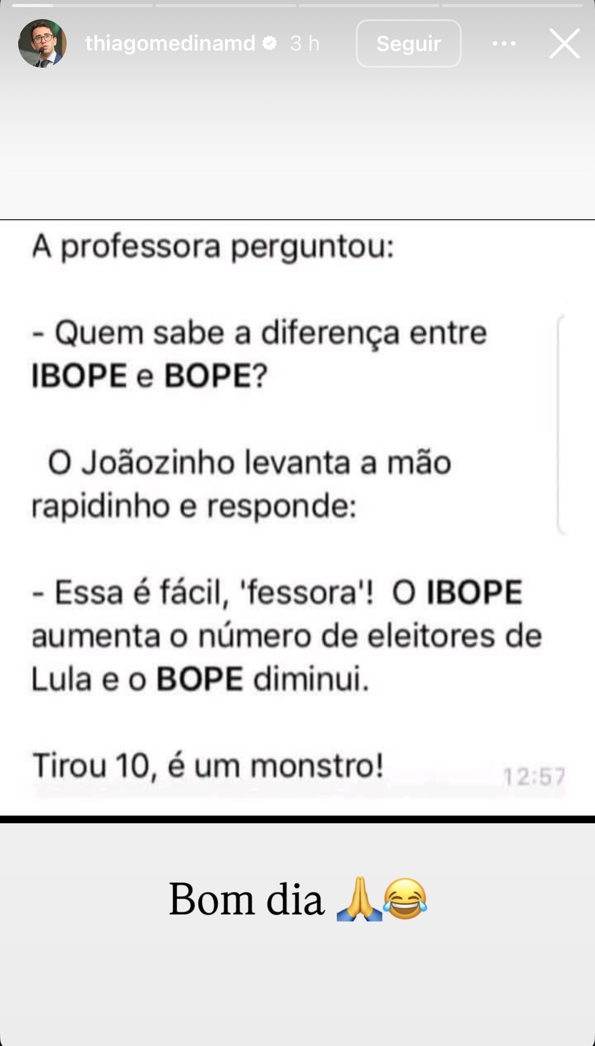 Print de story do vereador Thiago Medina