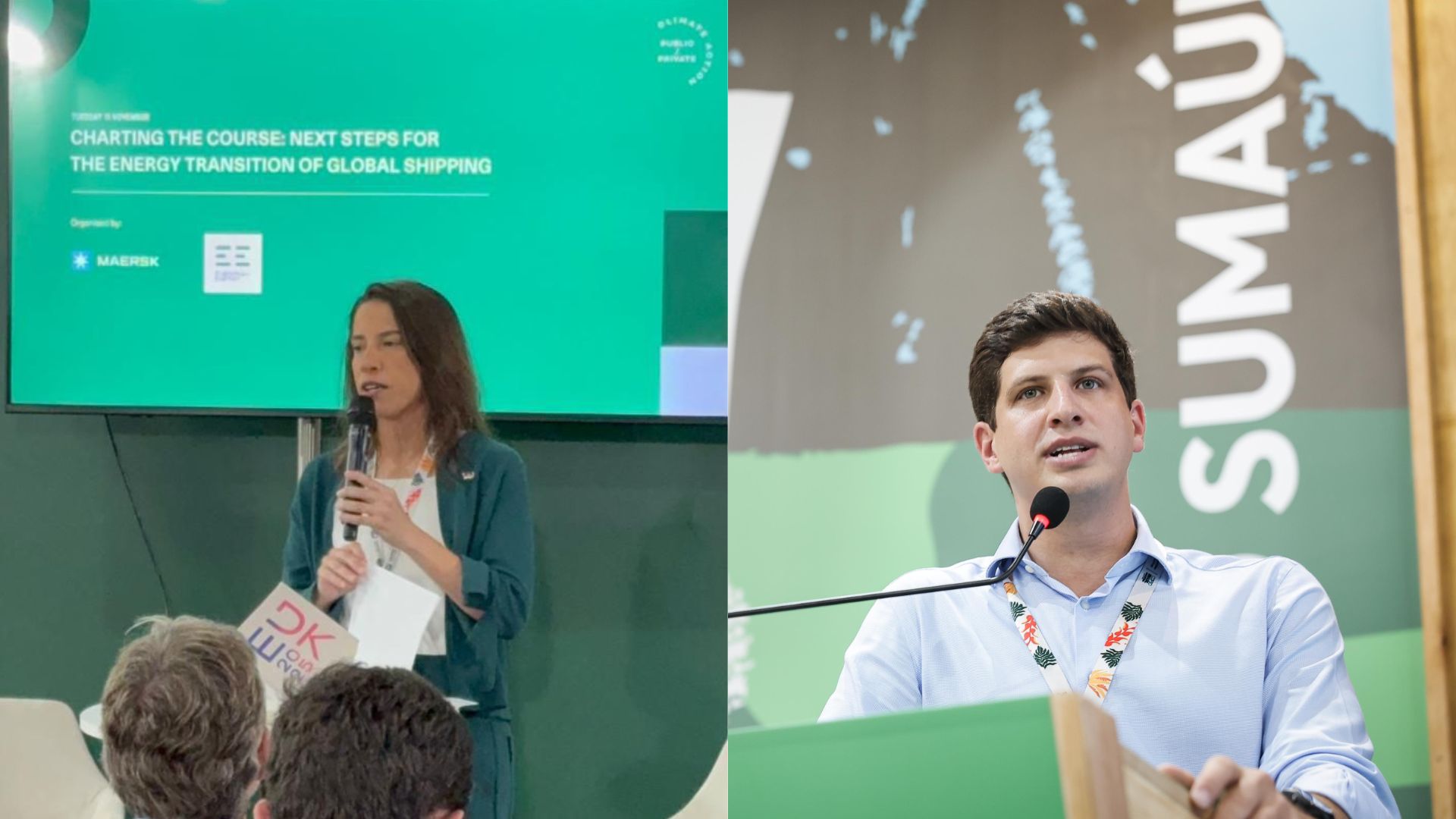 Montagem de duas fotos, à esquerda Raquel Lyra fala em microfone, à direita João Campos fala em microfone