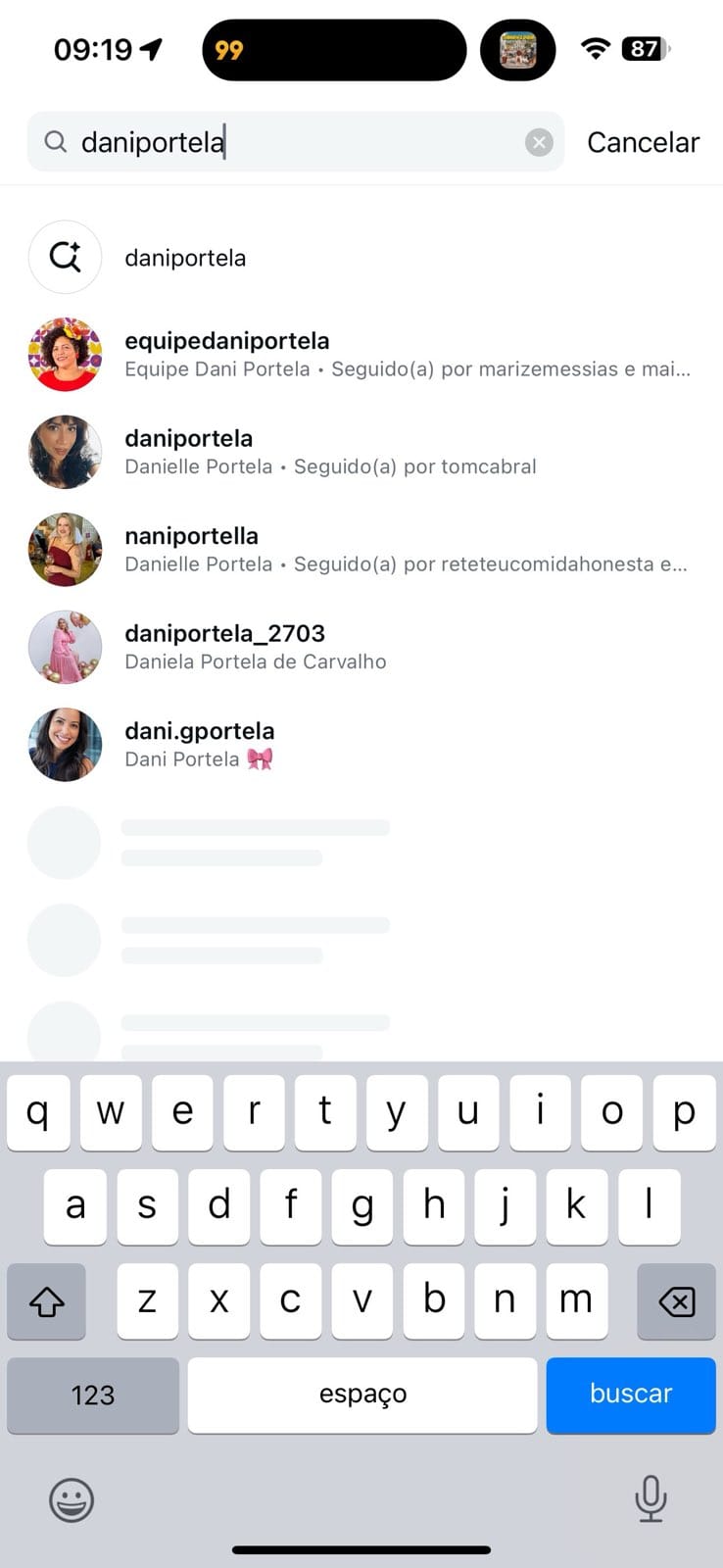 Buscador do Instagram com o usuario dani portela, aparece outras contas mas não o perfil da deputada