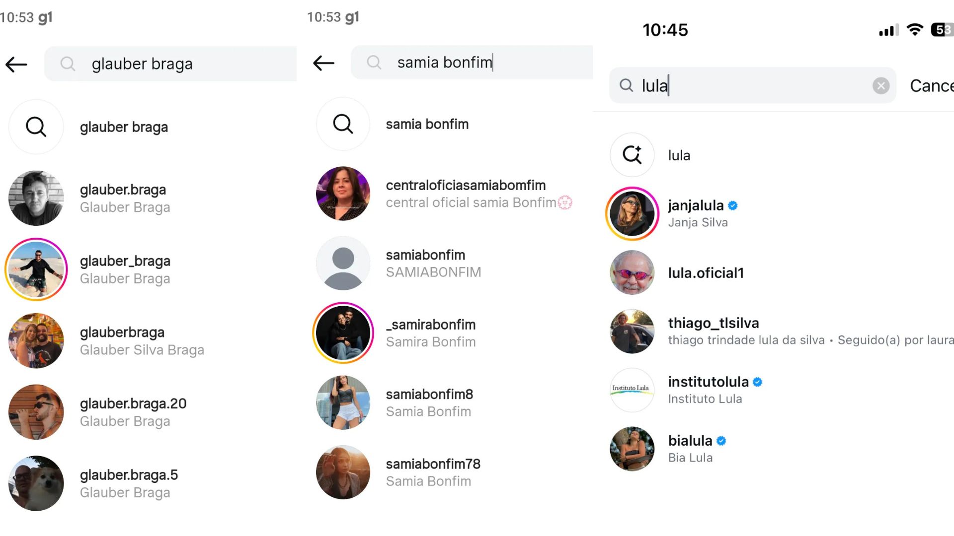3 capturas de tela cada uma escrito "glauber braga" "samia bonfim" "lula" e não aparece os perfis oficiais, apenas outras contas
