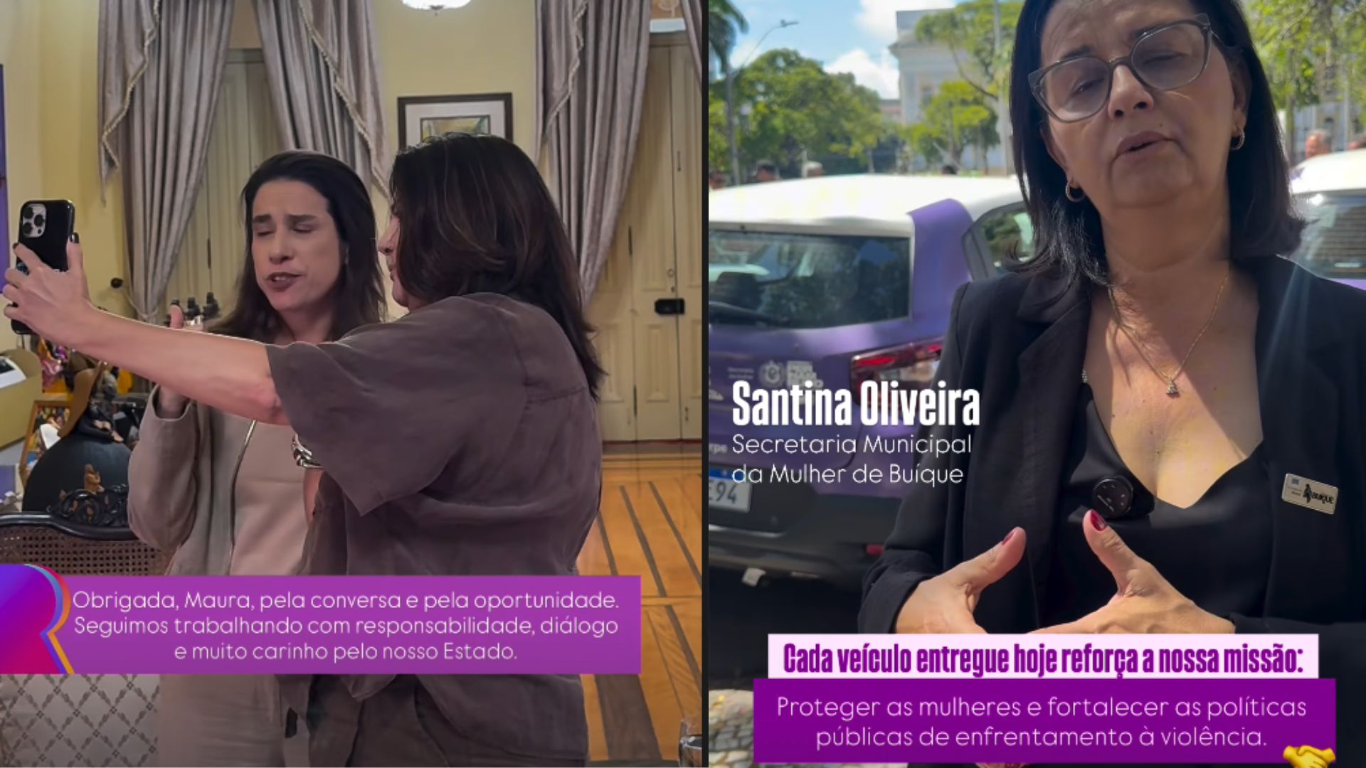 Captura de tela de dois storys da governadora, ambos com legenda roxa. À direita símbolo de Raquel é um R roxo e rosa