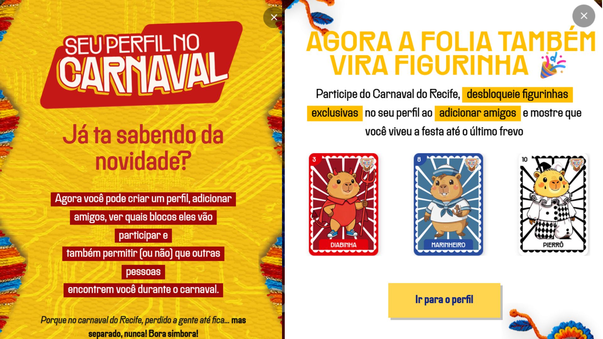 Tela de cadastro no app "Carnaval do Recife" da Conecta Recife, com fundo amarelo e roxo. Título "Seu Perfil no Carnaval" em letras brancas grandes. Texto explica como agendar desfiles, blocos e folia exclusiva para perfis adicionais