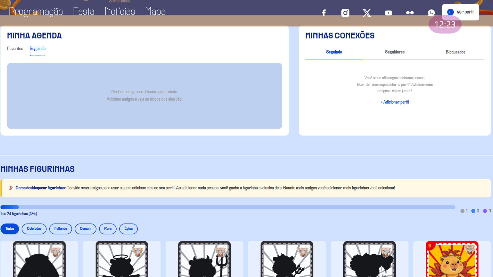 Abas com "Minha Agenda" "mInhas folias" "minhas figurinhas"
