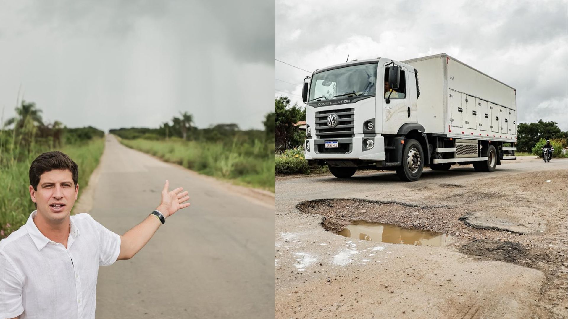 João Campos aponta para estrada. A estrada com buracos