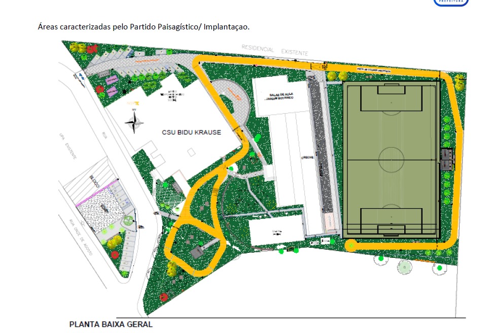 Plano baixo de como ficará o CSU Bidu Krause, com quadra de grama sintética, residencial, salas de aula etc 